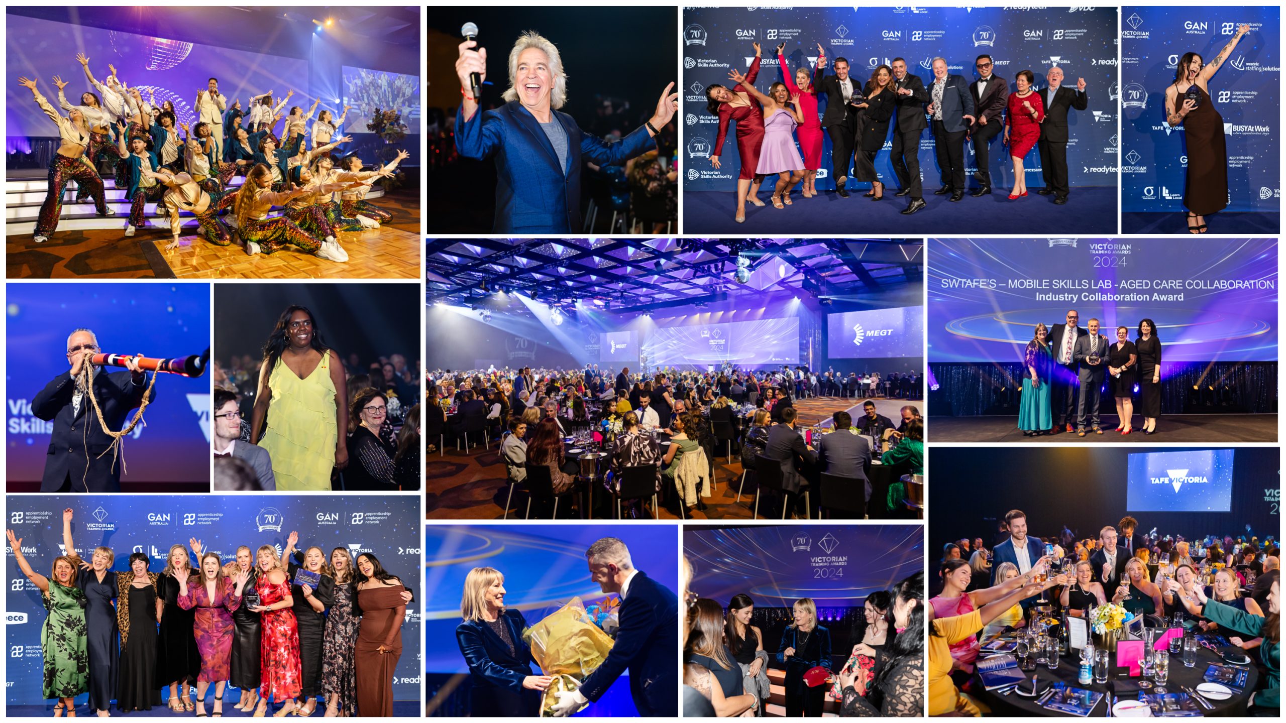 A collage of different photos from the gala awards, including winners, group shots and the venue